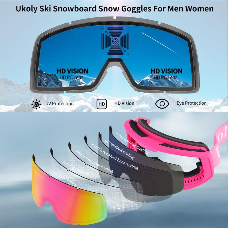 Ukoly Ski/Snowboard Goggles for Men Women, Snow Goggles HD Lens Anti-Fog Coating OTG Design UV400 Protection Windproof - Image 4